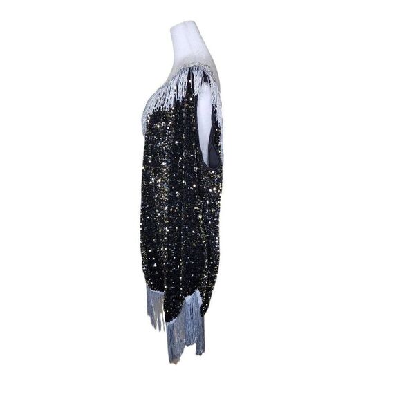 Retro 1920s Sequined One Shoulder Fringe Flapper Dress Womens Size 4XL Black Gat - Picture 5 of 7